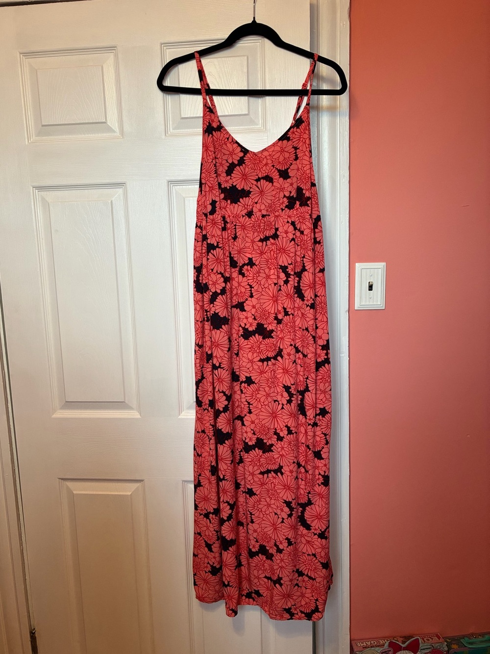 Floral Spaghetti-Strap Maxi Dress in Coral and Black